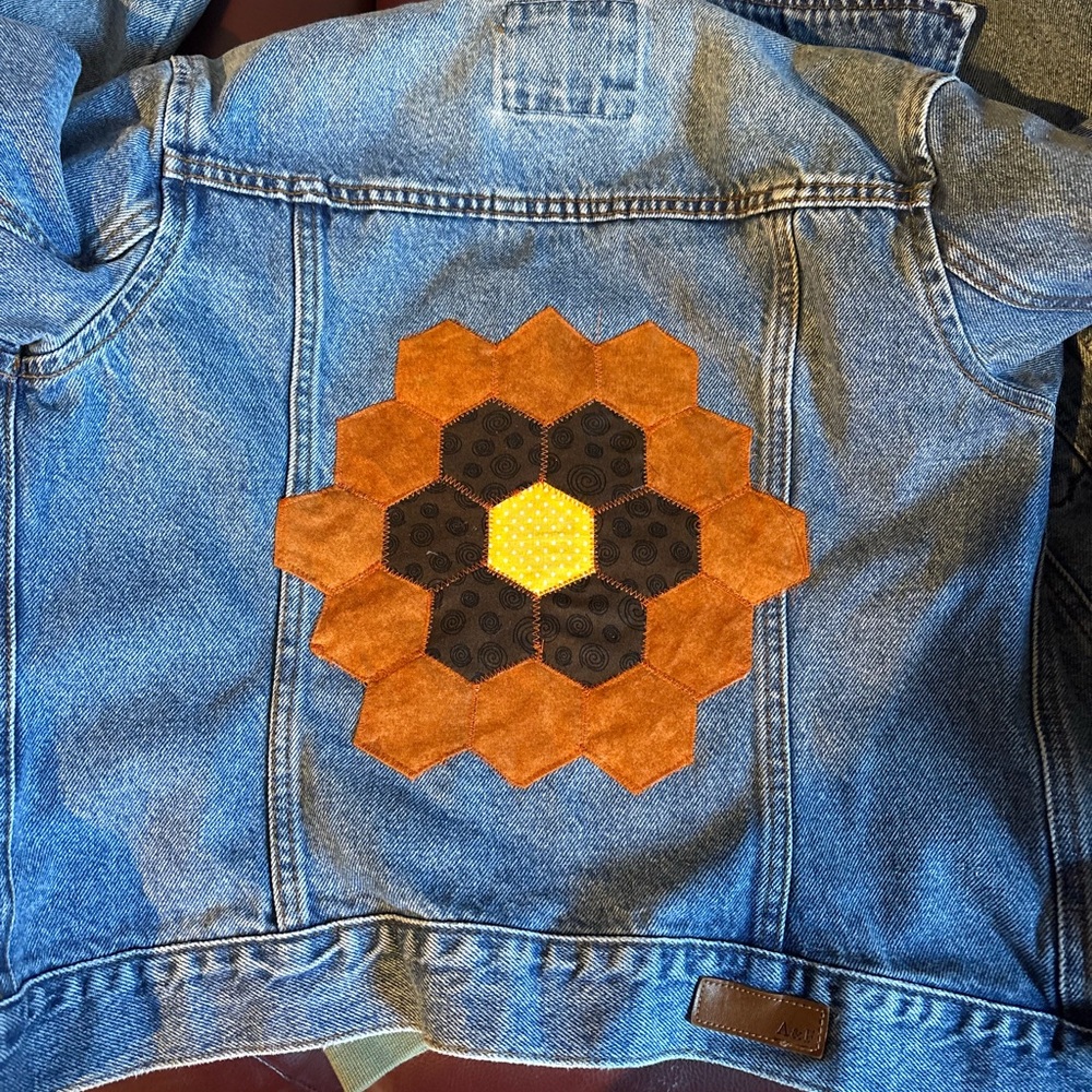 Abercrombie & Fitch Blue Denim Jacket with Brown Patch English paper piecing. - Picture 3 of 6